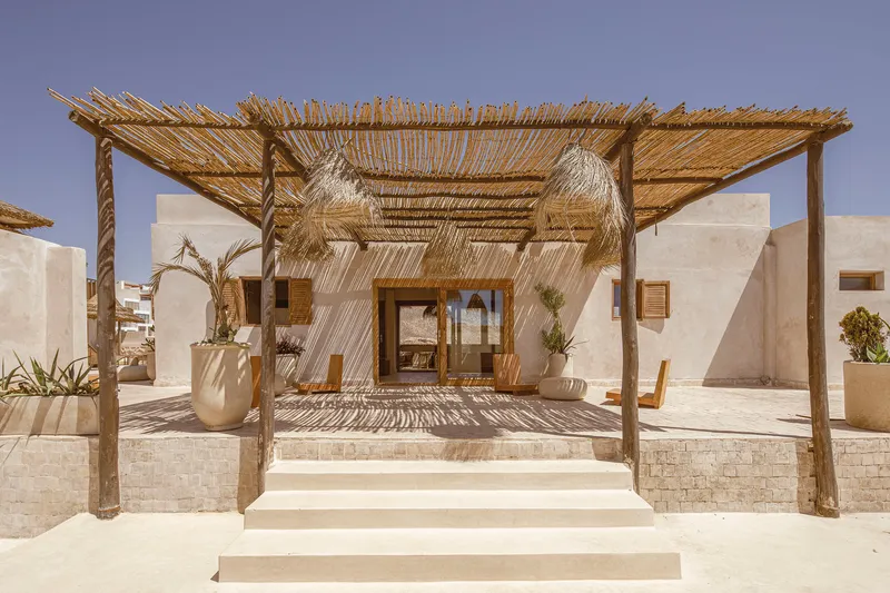 Covered terrace with timber posts, palm frond roof, and thatched pendants suspended over the glazed entrance doors