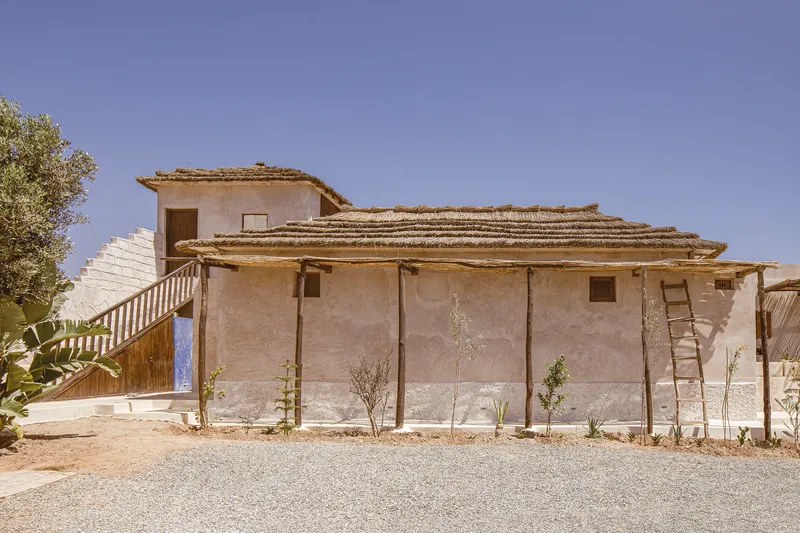Facade with layered thatched roofs on timber poles over rendered walls and newly planted olive saplings