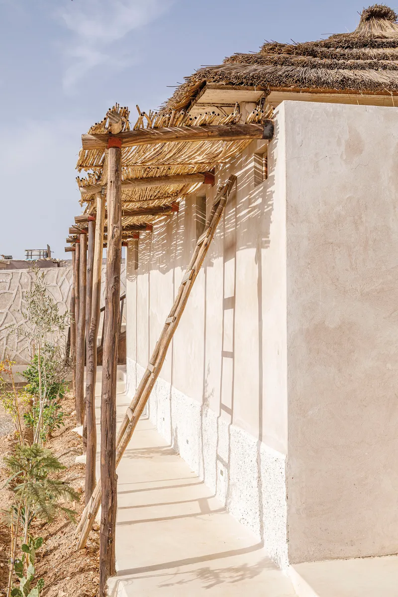 Covered walkway with timber posts and thatch roof pergola casting shadows on plastered walls