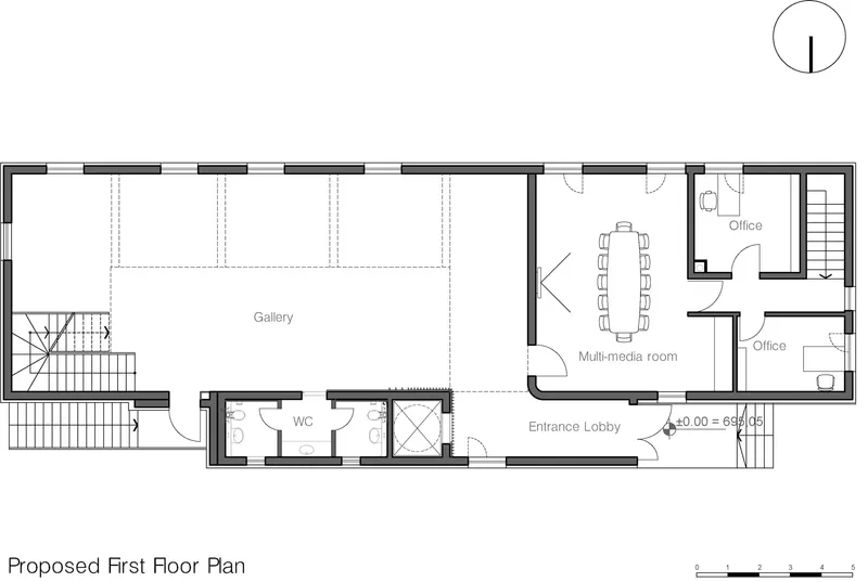Proposed first floor plan showing gallery space with multi-media room and entrance lobby