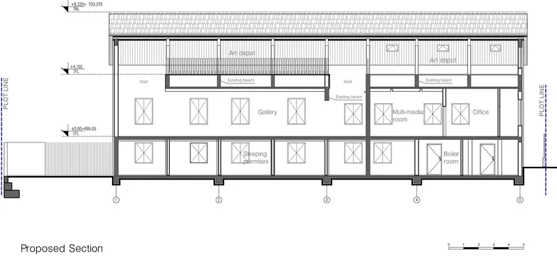Section drawing showing proposed three-story renovation with gallery and art depot spaces
