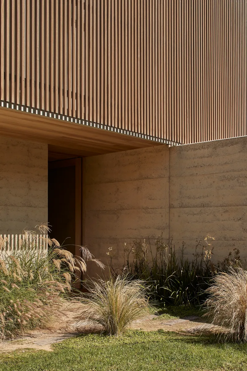 Junction of vertical timber battens and rammed earth wall beside ornamental grasses in afternoon sunlight