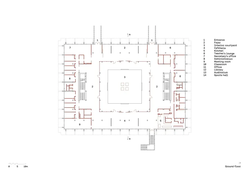 Ground floor plan drawing revealing a central courtyard surrounded by classrooms and administrative spaces