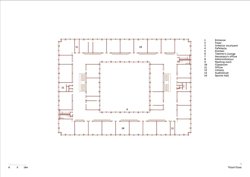 Third floor plan drawing depicting classrooms and offices flanking a central open space