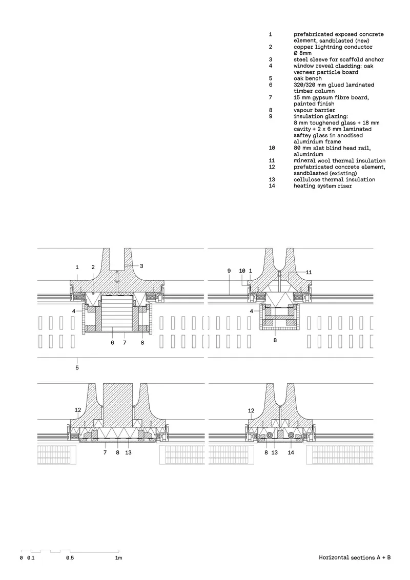 Horizontal section drawings showing window head and sill details with timber frames and insulation layers