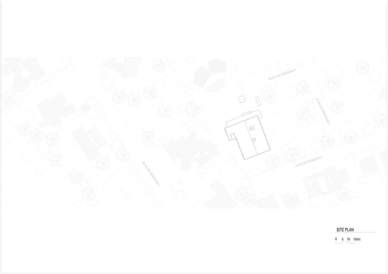 Site plan drawing showing building footprint within surrounding context and street layout