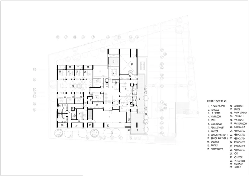 First floor plan drawing illustrating room layout with numbered spaces and adjacent landscaping