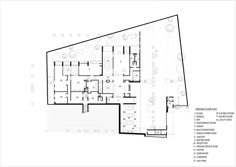 Ground floor plan showing foyer, terrace, library, conference room, and meeting spaces with surrounding landscape