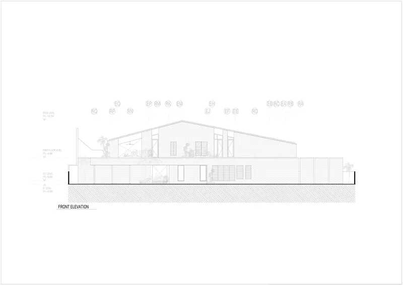 Front elevation drawing depicting a gabled two-story structure with terraces and surrounding trees