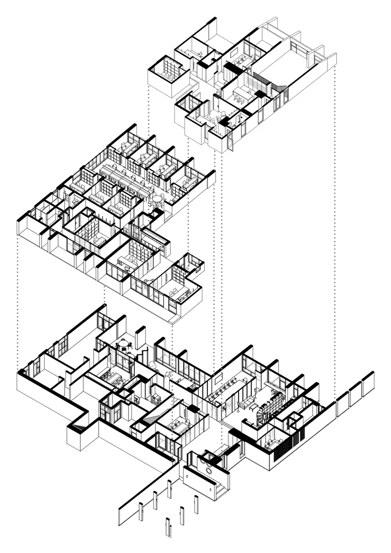Exploded axonometric drawing revealing three floor levels with rooms, staircases, and spatial relationships