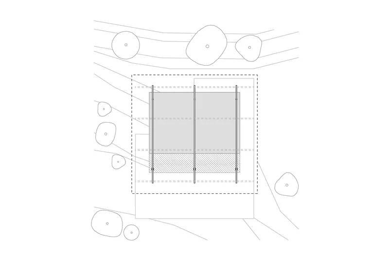 Elevation drawing showing operable facade panels and deck perimeter within landscape of organic tree forms