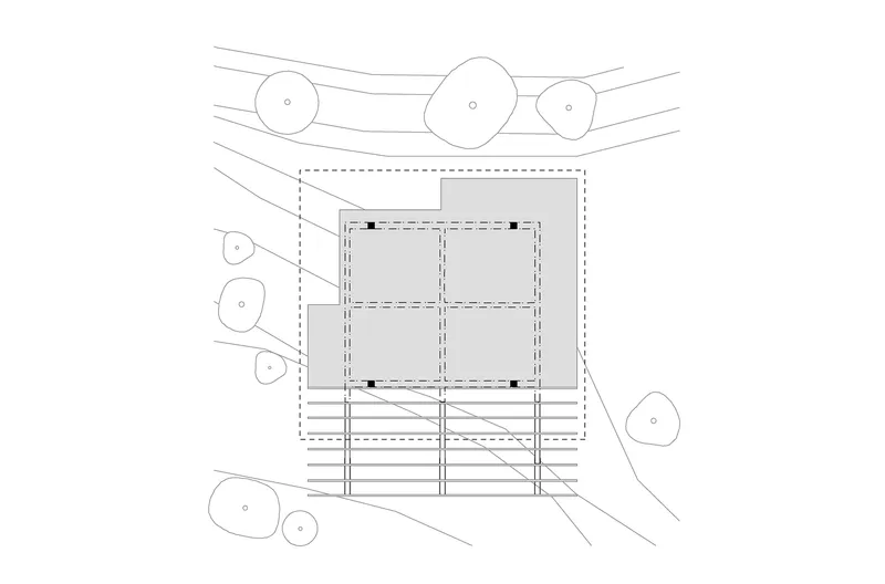 Elevation drawing illustrating raised structure on posts with diagonal bracing and surrounding vegetation