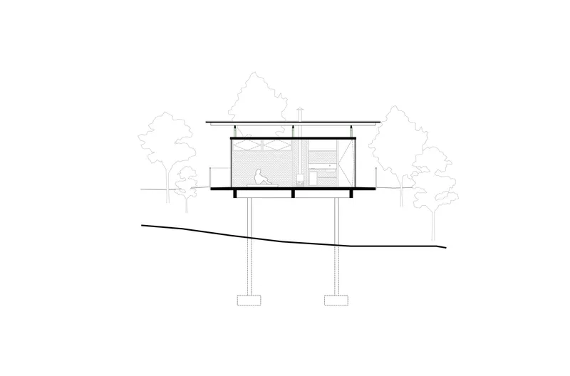 Section drawing showing an elevated pavilion on two columns rising from a sloped grade with trees