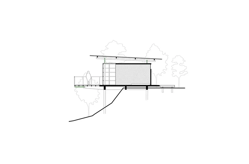 Section drawing showing a raised volume with flat roof on stilts over sloping terrain with trees