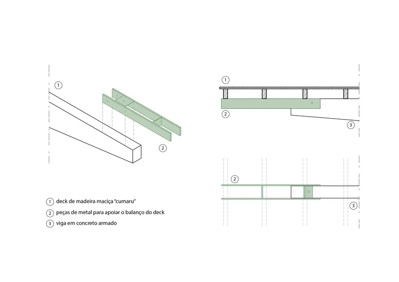 Isometric and detail drawings of the deck structure with timber beams and metal support brackets