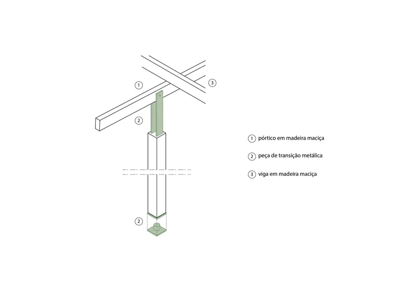 Axonometric detail drawing of a timber column with metal connector plate and concrete footing