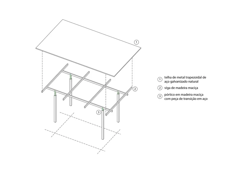 Isometric drawing of the roof and column framing showing steel roof trusses on timber posts