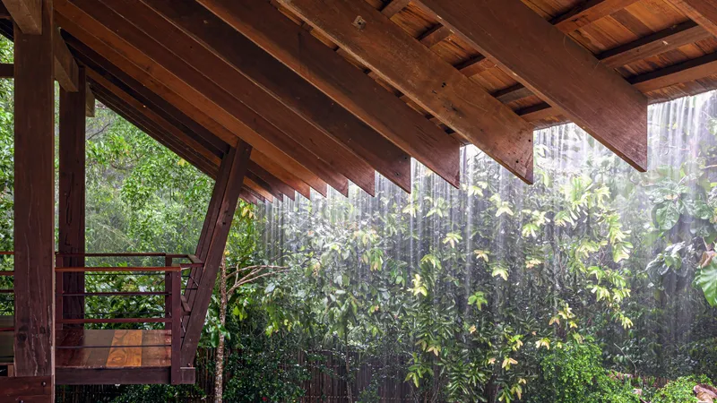 Covered balcony edge with timber beams and diagonal bracing framing rain shower and green vegetation