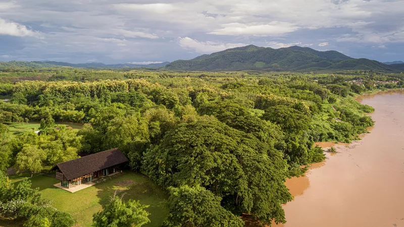 Aerial view of the low-pitched roof structure nestled among dense tree canopy beside a muddy river