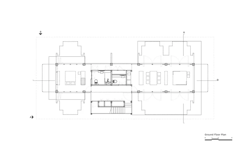Ground floor plan drawing showing open spaces with central service core and perimeter columns