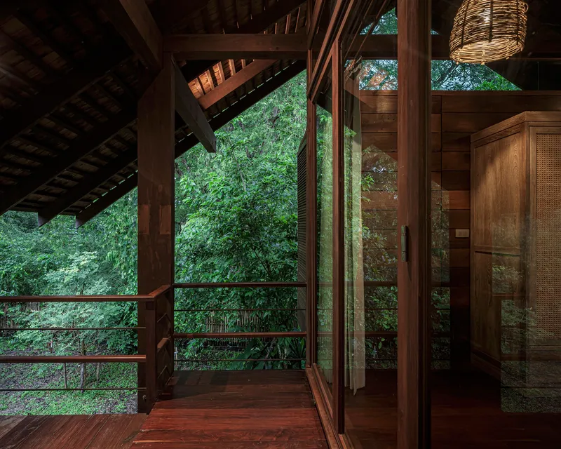 Covered timber terrace opening to garden foliage through floor-to-ceiling glazing with exposed rafters above