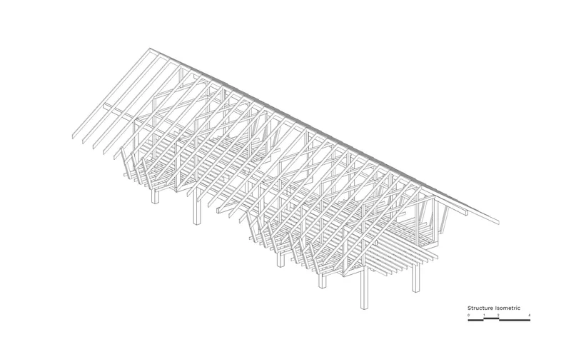 Structural isometric drawing showing the timber post-and-beam frame with diagonal roof trusses