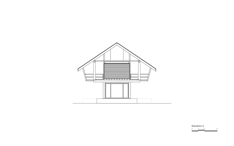 Elevation drawing showing a raised structure with pitched roof and louvered central panel