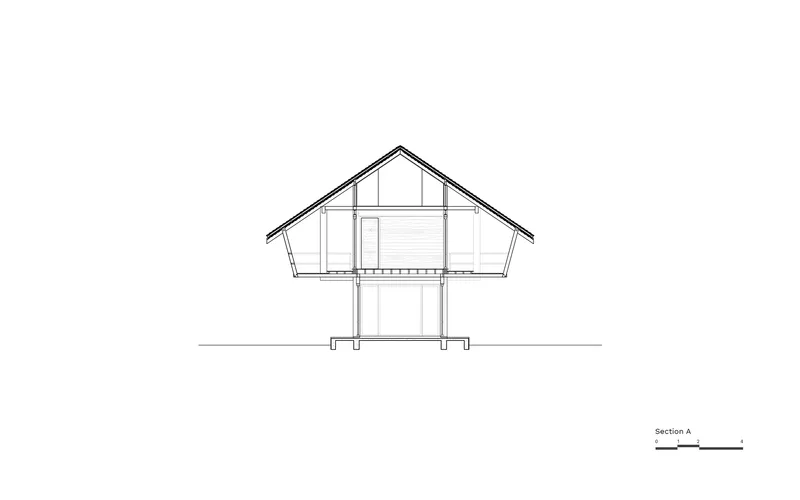 Section drawing revealing the interior volume beneath a gabled roof with central louvered element