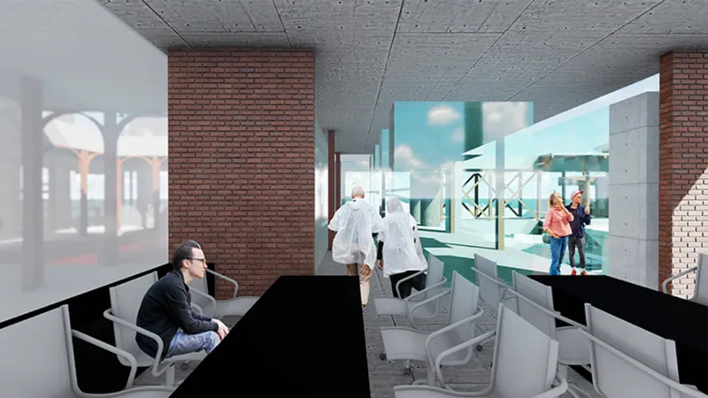 Offshore gallery spaces frame art, culture, and panoramic Adriatic Sea views within the adaptive reuse project.