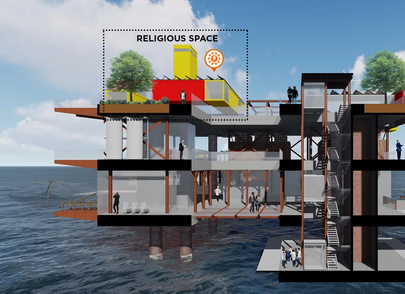 Residential farming platforms integrate renewable energy, agriculture, and marine research into sustainable ocean living.