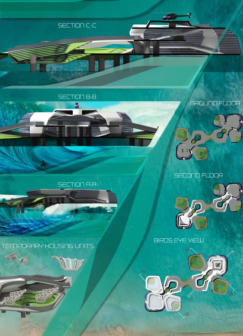 Sectional studies revealing modular housing, filtration systems, and cohabitational marine programs.