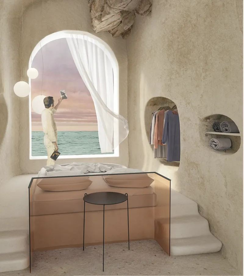 Public terraces and coral stone circulation spaces overlooking regenerative marine landscapes.