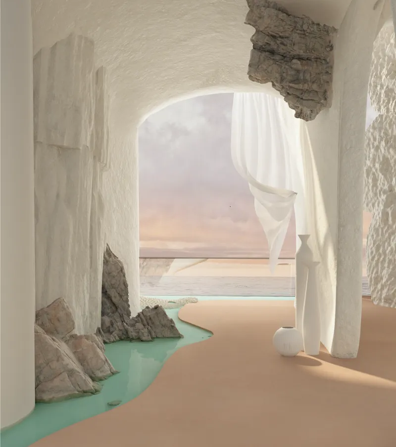 Organic cave-like interiors merge coastal landscapes with soft sustainable architecture aesthetics.