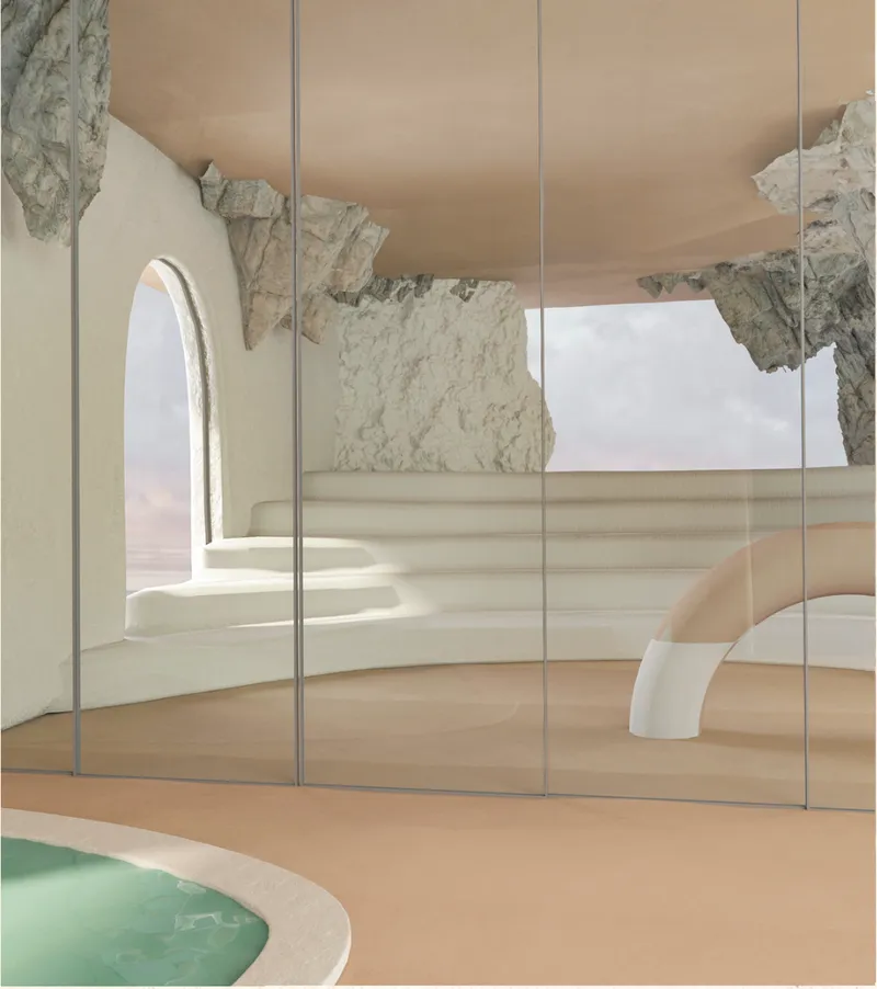 Minimal sculptural interiors inspired by eroded stone formations and Mediterranean coastal caves.