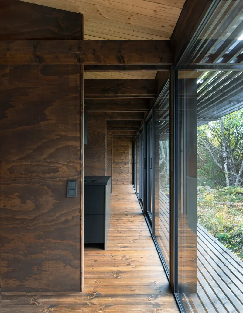 Timber corridor with wood slat ceiling and continuous glazing along one side opening to trees