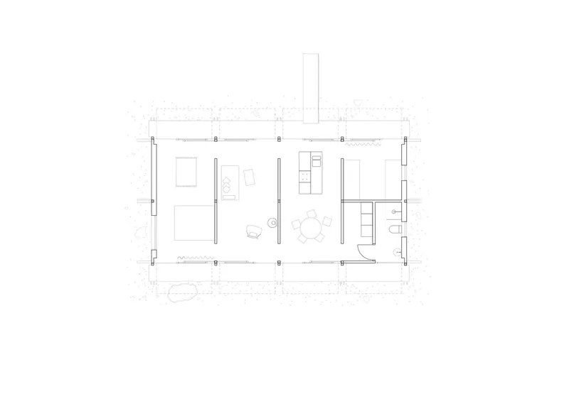 Floor plan drawing depicting an open-plan interior with central living area and bathroom core