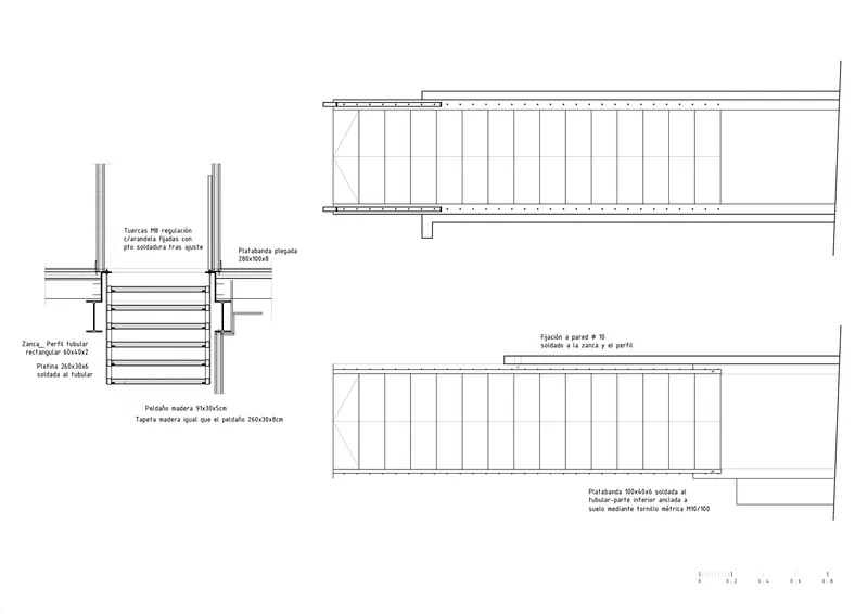 Construction detail drawings showing timber deck assembly and railing connections with dimensional annotations