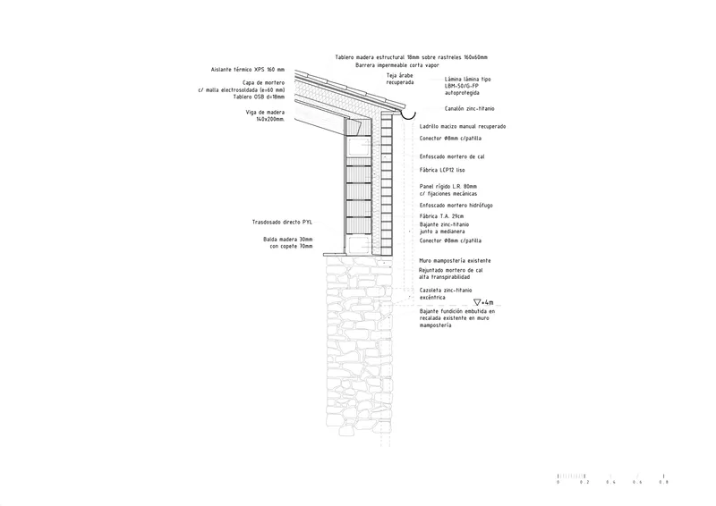 Section detail drawing of wall assembly with timber framing, insulation layers, and stone veneer base