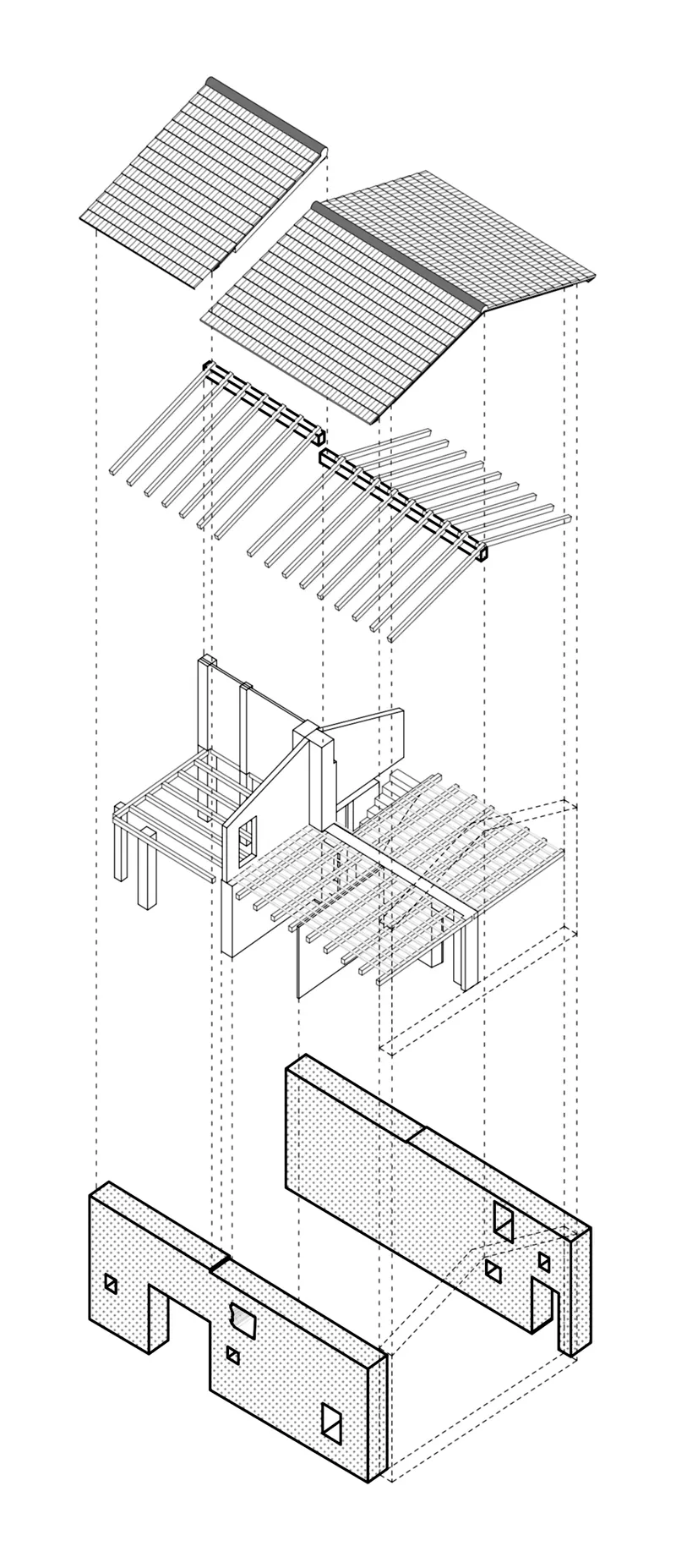 Exploded axonometric drawing showing roof, timber frame structure, floor deck, and foundation assembly layers