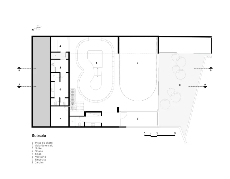 Lower level floor plan showing a curved pool and adjoining garden space