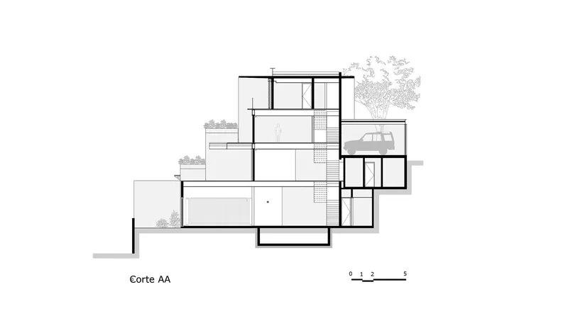 Section drawing showing multi-level residence with staircases, terraces, and trees on upper levels