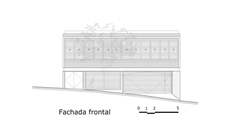 Front elevation drawing showing two-story facade with louvered upper level and tree growing at roofline