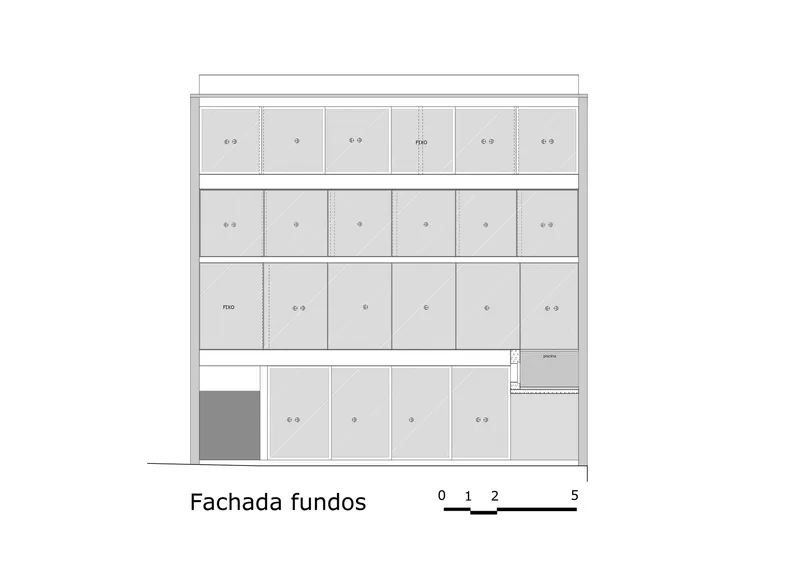 Rear elevation drawing showing four-story grid facade with regular window openings