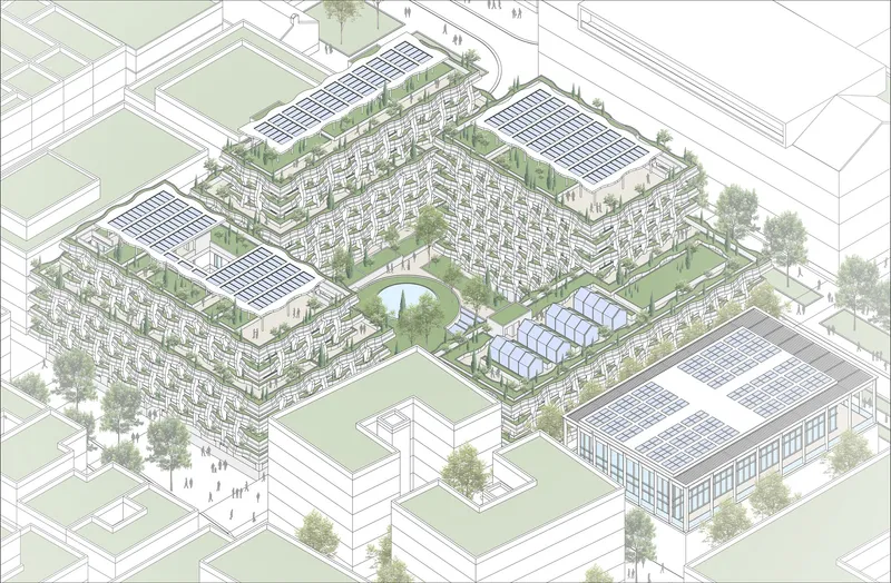 Axonometric drawing depicting the complex with stepped volumes, planted roofs, and solar arrays across multiple buildings