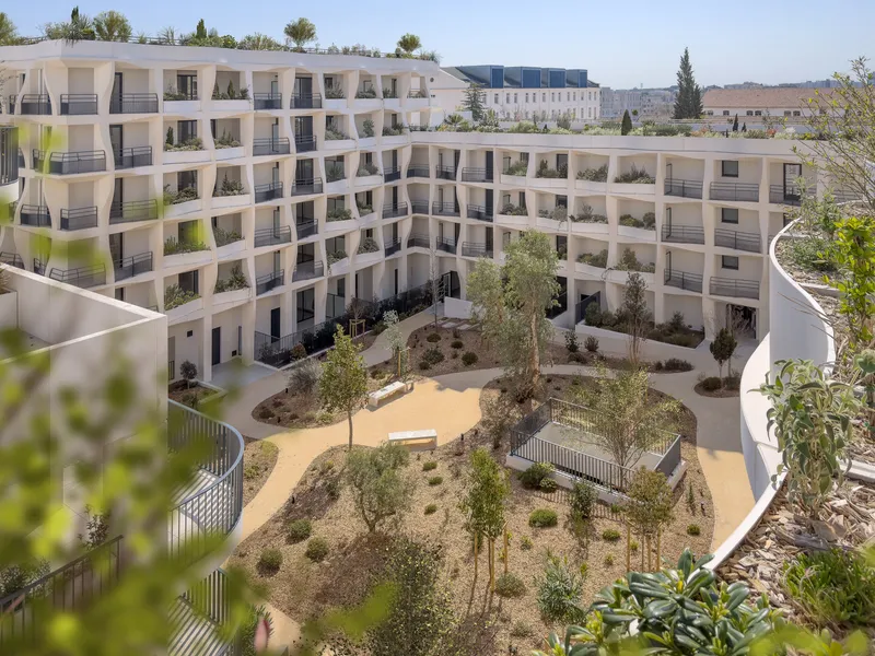 Aerial view of the curved courtyard with young trees and gravel paths below planted balconies