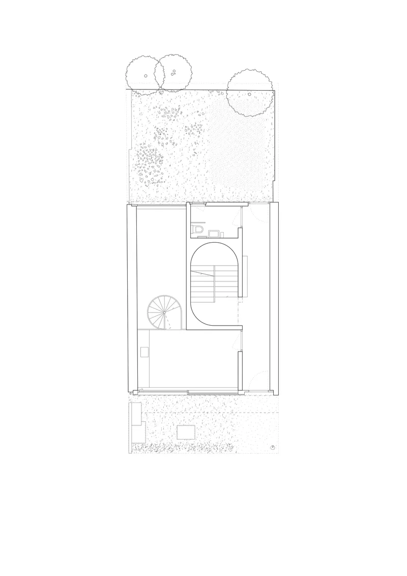 Floor plan drawing showing a rectangular volume with spiral stair and rooftop garden with trees