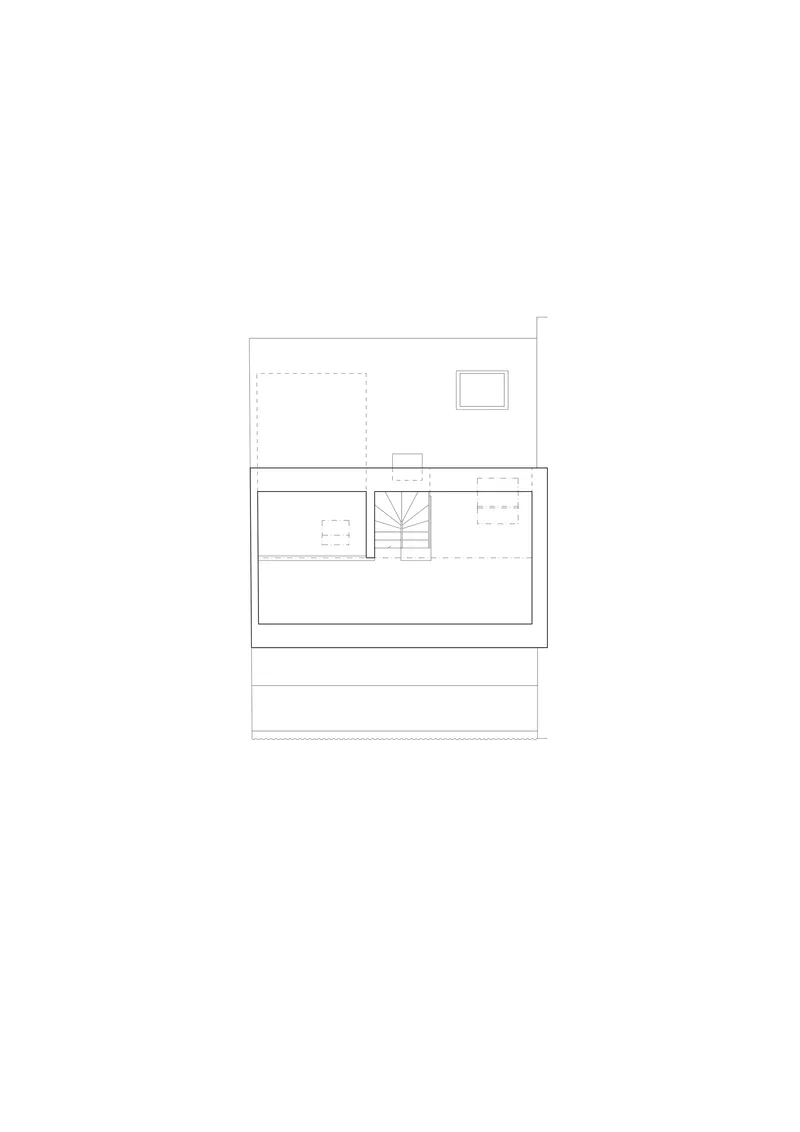 Floor plan drawing showing upper level with central stair and divided rooms on either side