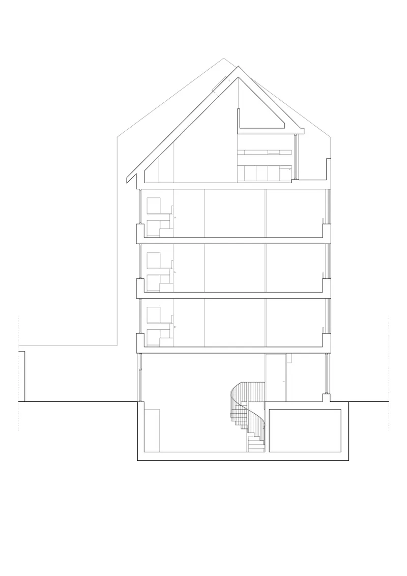 Section drawing showing four-story structure with gabled roof and basement spiral stair
