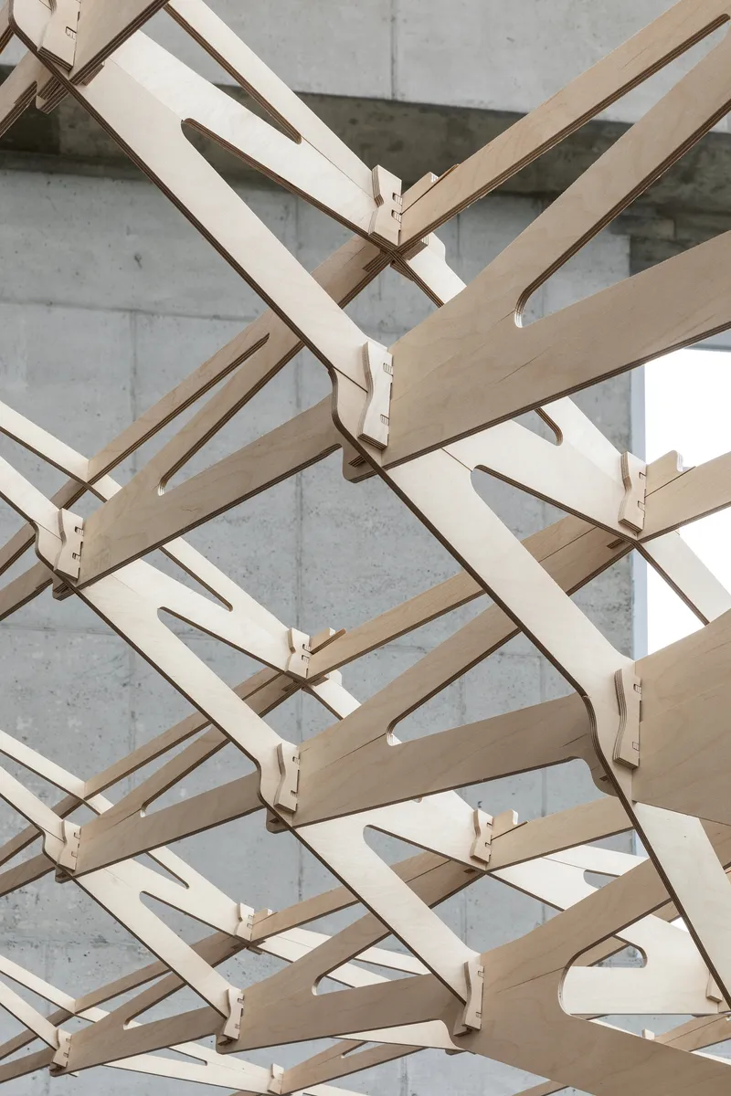 Close-up of interlocking timber beams with slotted joinery against a concrete wall in daylight