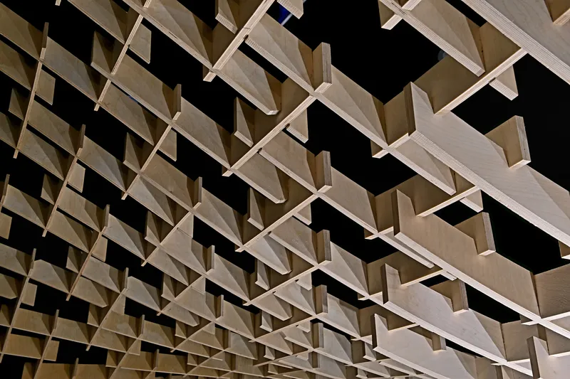 Detail view of the woven timber lattice forming a parametric grid against darkness
